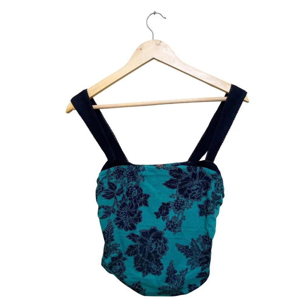 Free People Teal Navy Blue Floral Print Camisole Square Neck Lace Trim Tank Top